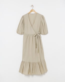 Stone Cotton Poplin Puff Sleeve Wrap Midi Dress