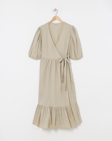 Stone Cotton Poplin Puff Sleeve Wrap Midi Dress