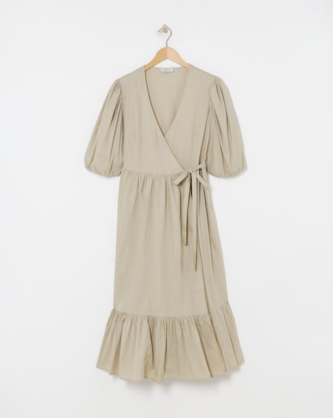 Stone Cotton Poplin Puff Sleeve Wrap Midi Dress