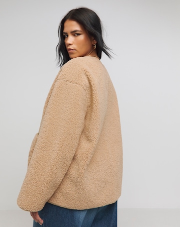 Natural Round Neck Zip Through Borg Jacket