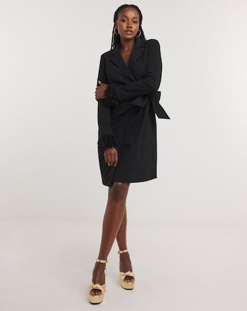 Black Bengaline Blazer Dress With Detachable Feather Cuff