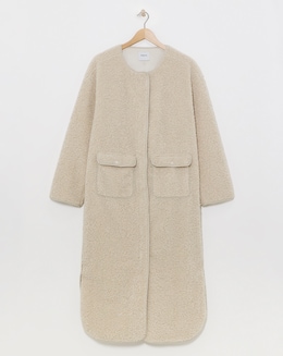 Neutral Collarless Teddy Maxi Coat
