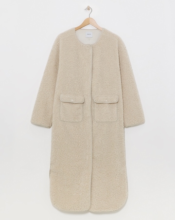 Neutral Collarless Teddy Maxi Coat