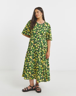 Lemon Print Spun Viscose Midi Dress