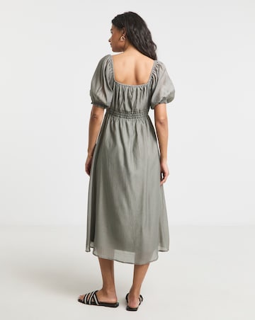 Sage Shirred Milkmaid Midi Dress