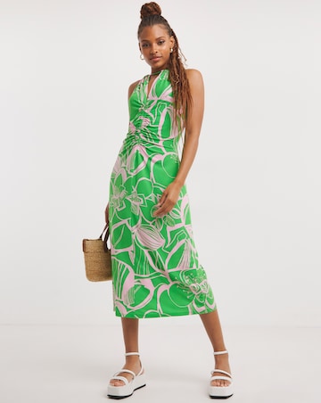 Tropical Floral Print Ruched Front Midi Dress
