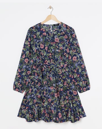 Blue Floral Printed Belted Skater Dress