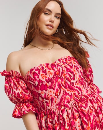 Lovedrobe Ikat Print Shirred Back Bardot Maxi Dress