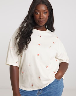 Ecru Cherry &amp; Stawberry Embroidered T-Shirt