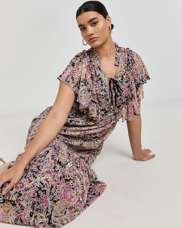 Jo by Joanna Hope Gold Foil Frill Shoulder Maxi Dress