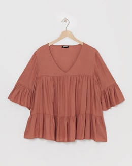Simply Be Terracotta Viscose  V Neck Tiered Smock Blouse
