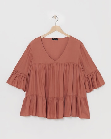 Simply Be Terracotta Viscose V Neck Tiered Smock Blouse
