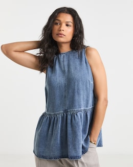 Simply Be Mid Blue Lyocell Peplum Sleeveless Denim Top
