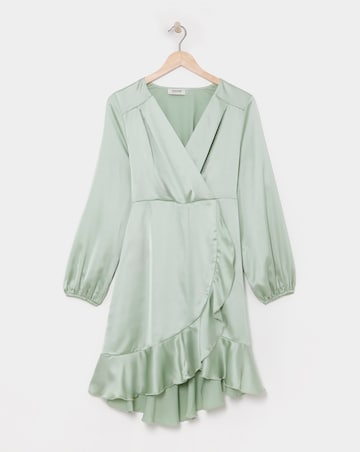 Flounce London Sage Green Heavy Satin Balloon Sleeve Mini Dress