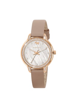 Radley Rose Gold Plated Mother of Pearl Cobweb Pink Leather Strap Watch