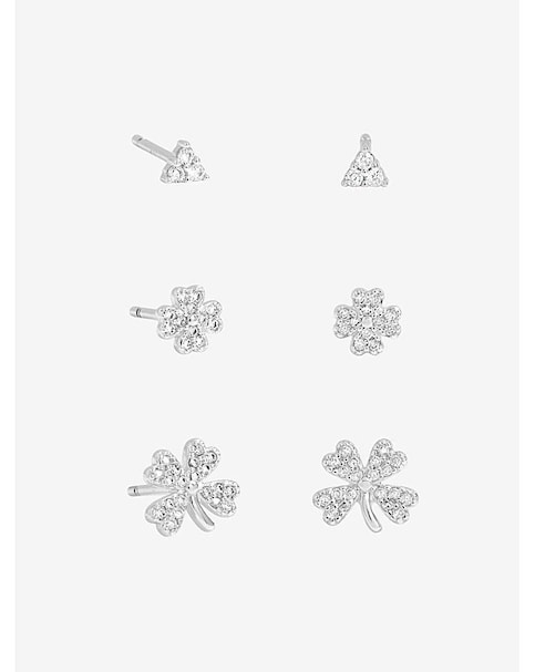 Simply Silver Sterling Silver 925 Cubic Zirconia Clover Earrings - Pack of 3