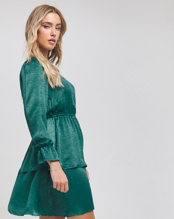 Flounce London Green Floaty Satin Tiered Mini Dress