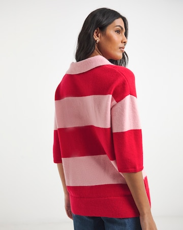 Simply Be Pink and Red Rugby Stripe Knitted Polo
