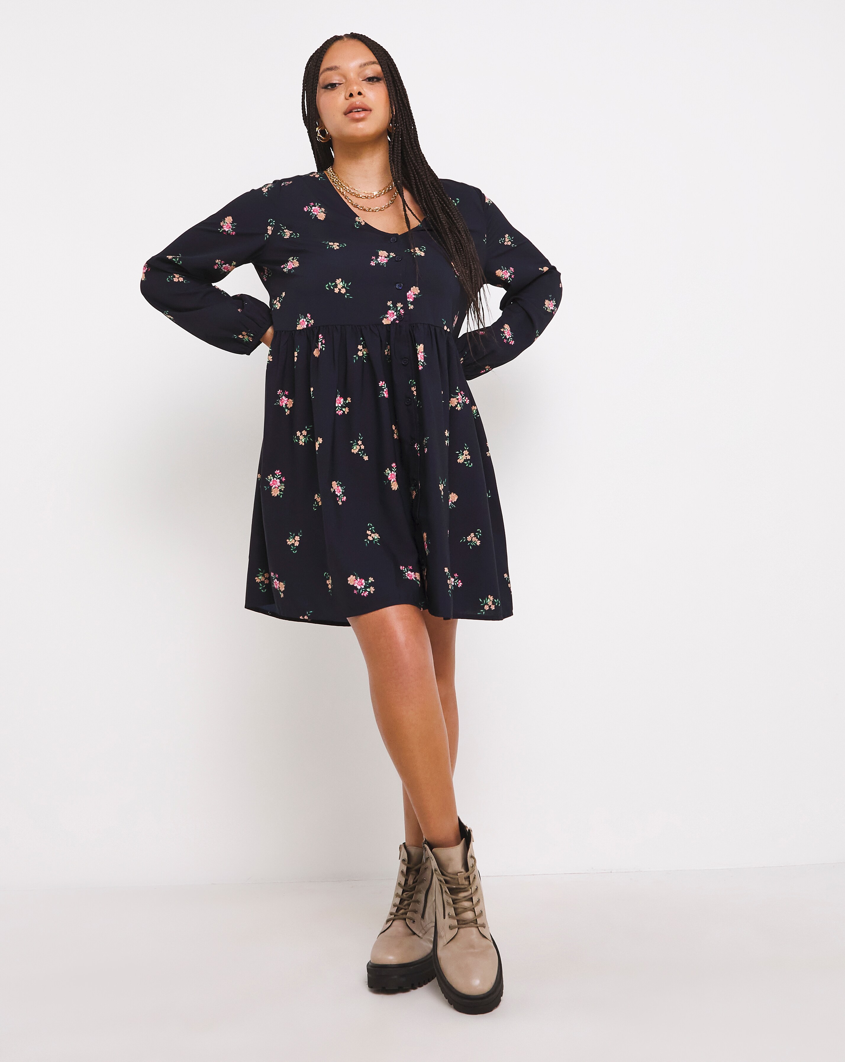Blue Floral Button Through Smock Dress Simply Be