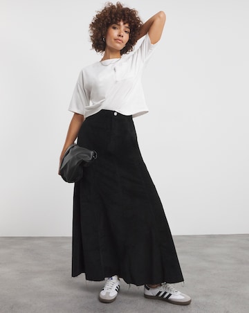 Black Cord Fit and Flare Denim Maxi Skirt