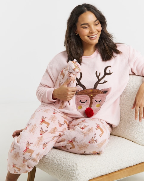 Pretty Secrets Reindeer Giftable Fleece Pyjama Set & Hot Water Bottle