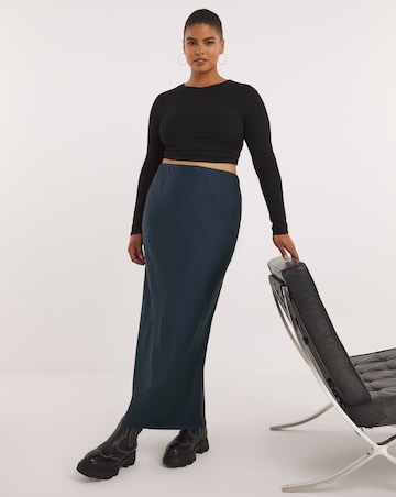 Navy Stretch Satin Maxi Skirt