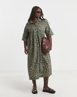 Simply Be Green Leopard Printed Midi Shirt Dress With Pockets