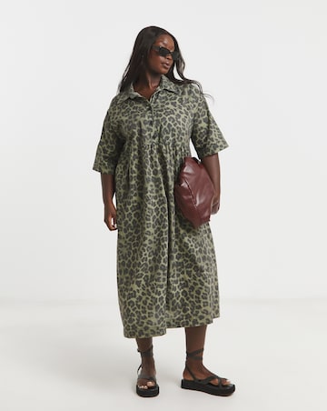 Simply Be Green Leopard Printed Midi Shirt Dress With Pockets
