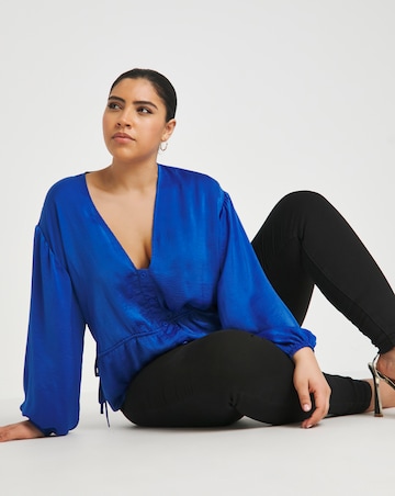 Simply Be Blue Velvet Satin Button Through Long Sleeve Blouse