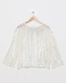 White Flared Sleeve Sequin Top