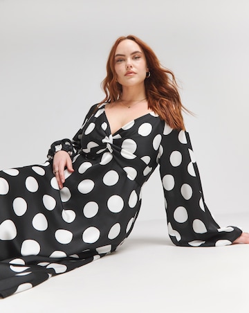 Flounce London Long Sleeve Black White Spot Midaxi Dress