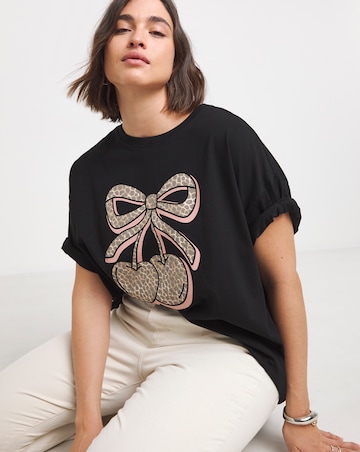 Simply Be Black Leopard Cherries T-Shirt