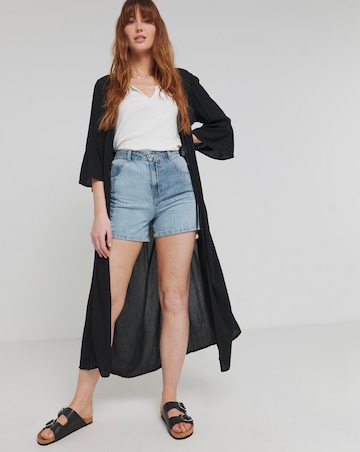 Black Embroidered Trim Longline Kimono With Shell Tie