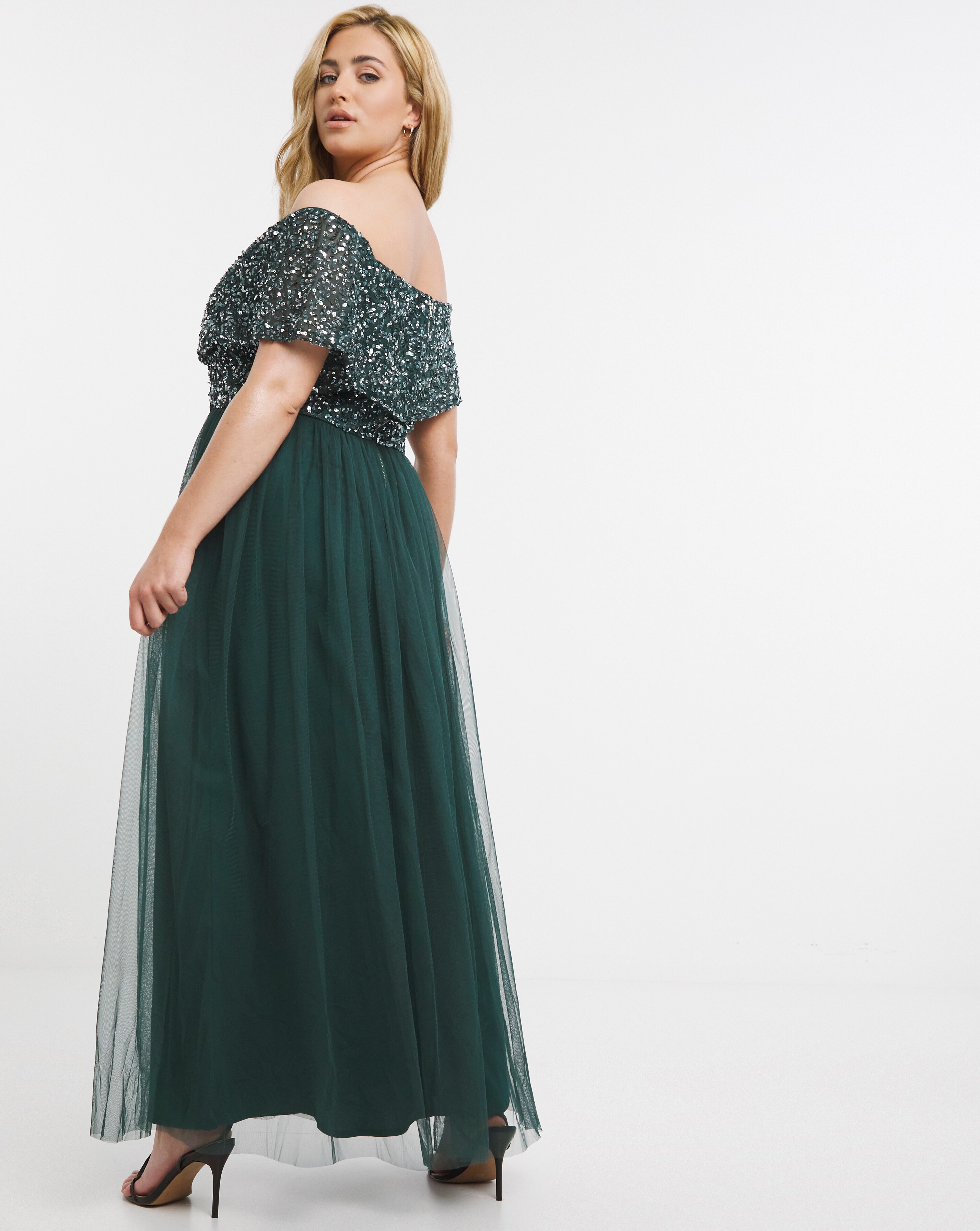 Green bardot embellished maxi dress top