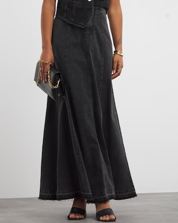 Washed Black Fit and Flare Denim Maxi Skirt