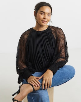 Joanna Hope Pleated Blouse With Lace Sleeve