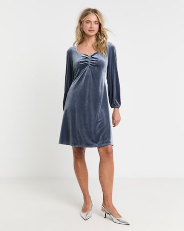 Blue Ruched Front Velour Tea Dress