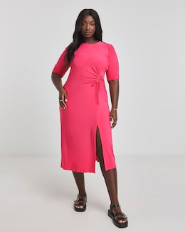Pink Ruched Sleeve Midi Dress