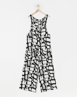 Mono Print Crinkle Wide Leg Jumpsuit With Pockets