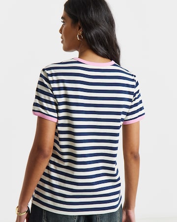 Simply Be Navy & Ivory Stripe Cross Stitch Embroidered T-Shirt