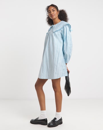 Neon Rose Printed Cotton Seersucker Stripe Smock Dress with Smocking and Collar