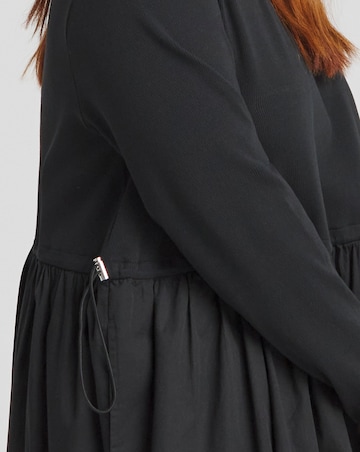 Black Jersey Poplin Mix Long Sleeve Midi Dress With Pockets