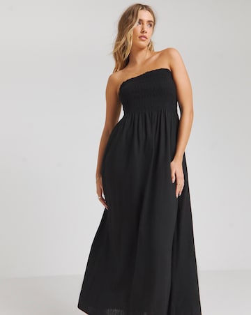 Black Shirred Bandeau Linen Midi Dress