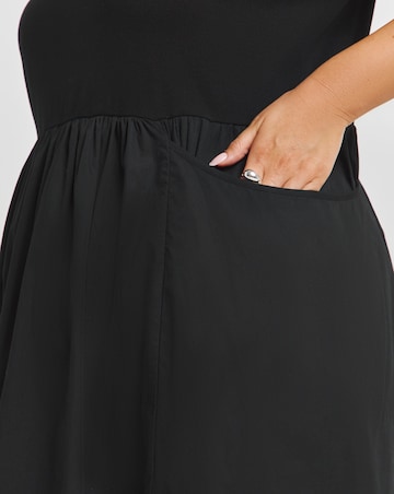 Black Jersey Poplin Mix Apron Dress With Pockets