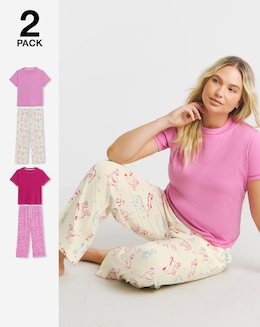 Simply Be (2 Pack) Dog Print Ribbed T-Shirt Pyjama Sets
