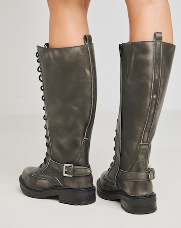 Davina Leather Knee High Lace Up Utility Boots Extra Wide EEE Fit Curvy Calf