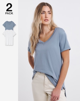 White &amp; Blue 2 Pack Longline Pure Cotton V Neck T-Shirts