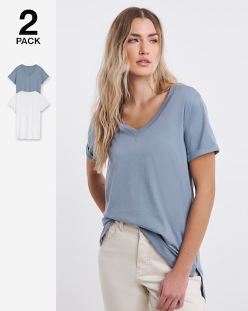 White & Blue 2 Pack Longline Pure Cotton V Neck T-Shirts