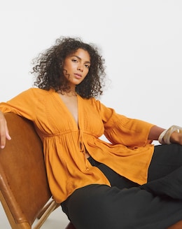 Simply Be Ochre Crinkle Crochet Trim Tie Waist Blouse