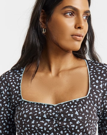 Simply Be Blue Ditsy Print Square Neck Long Sleeve Ribbed Top